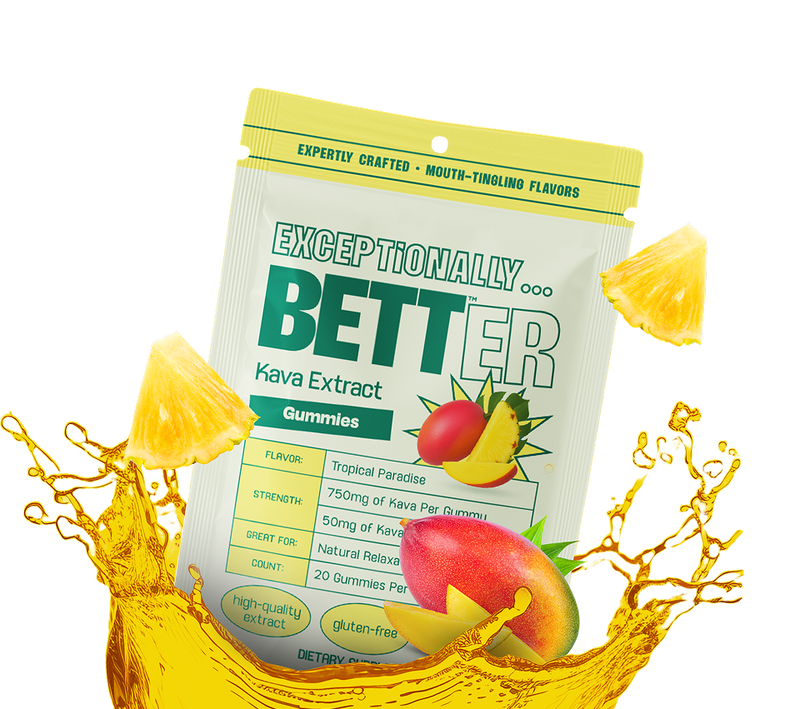 Kava Extract Gummies package with mango, pineapple and yellow liquid splash