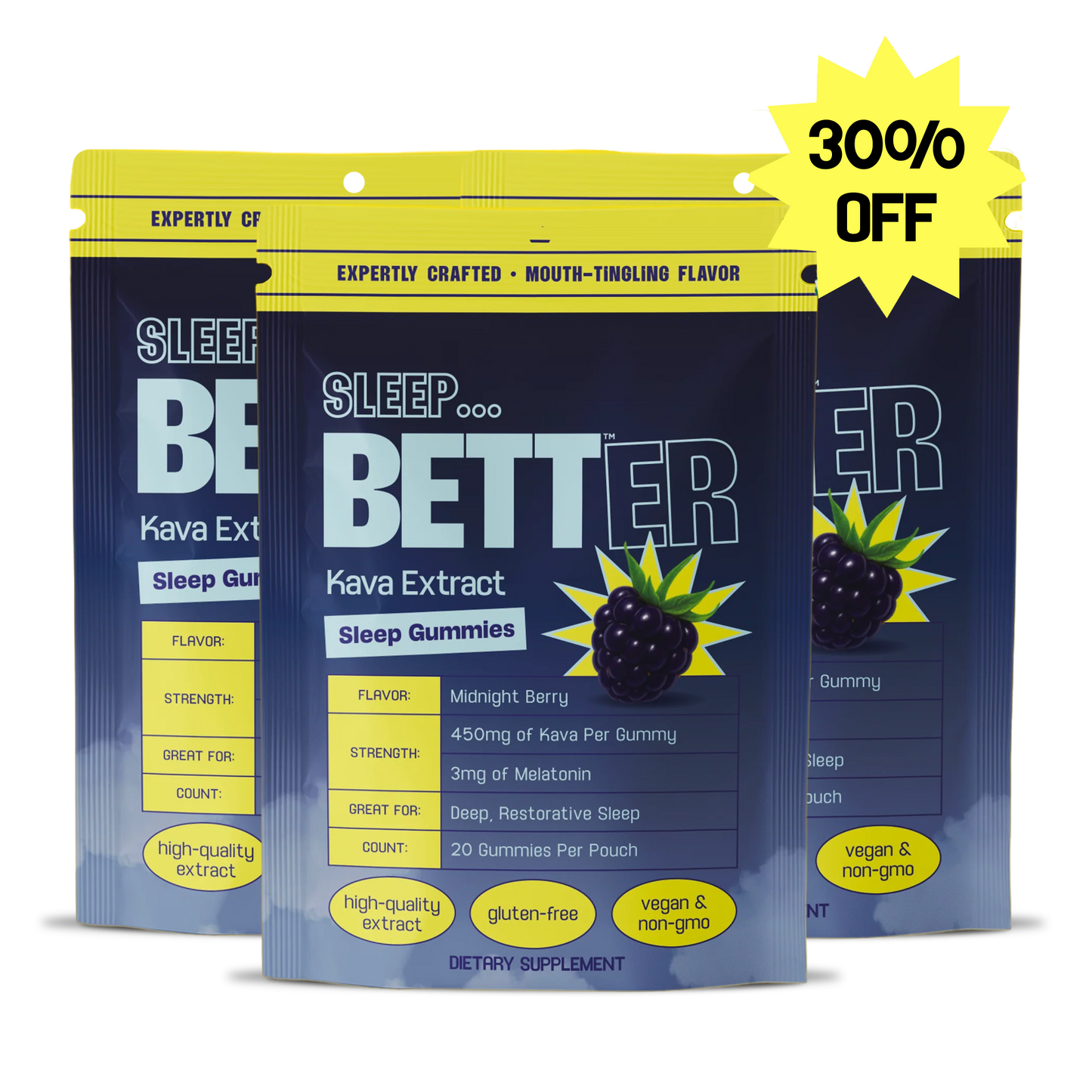 SLEEP BETTER Kava Extract Sleep Gummies packaging with three pouches and yellow 30% OFF badge
