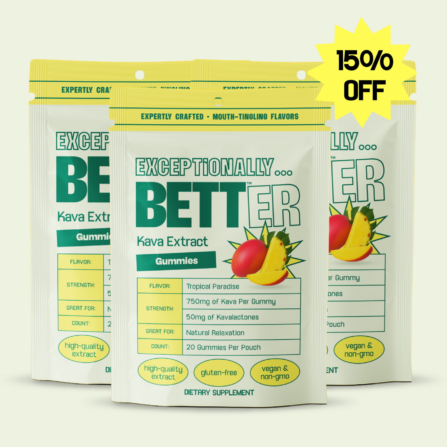 Three Kava Extract Gummies pouches, with yellow star reading 150% OFF.