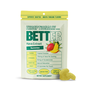 Kava Extract Gummies — Tropical Paradise flavor, 750mg kava per gummy, 20 gummies per pouch; gluten-free, vegan.