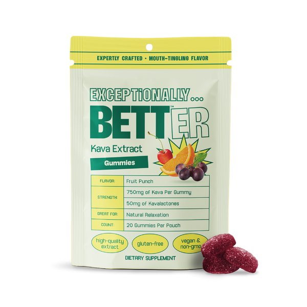Stand-up pouch labeled 'EXCEPTIONALLY BETTER Kava Extract Gummies, Dietary Supplement' with two raspberries beside it.