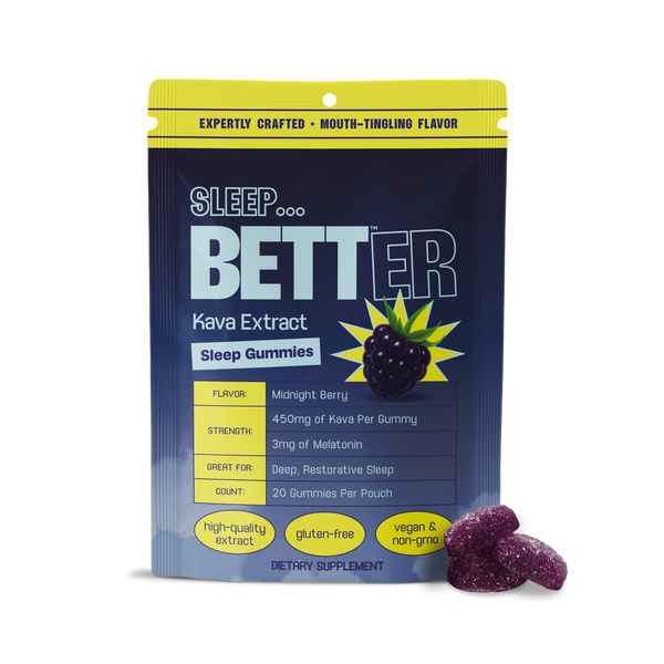 Sleep BETTER Kava Extract sleep gummies pouch — Midnight Berry; 450mg Kava, 3mg melatonin, 20 gummies; gluten-free, vegan.