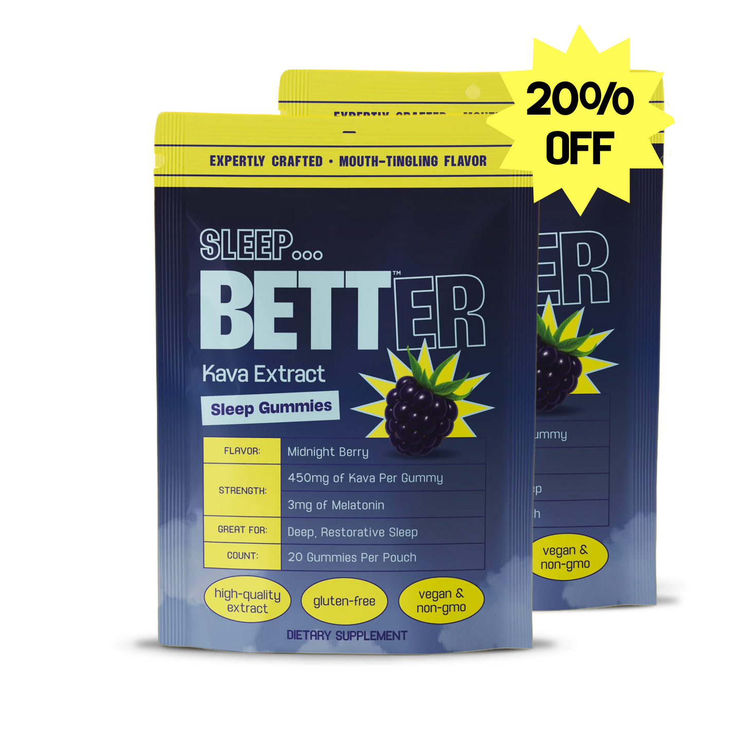 Two SLEEP BETTER Kava Extract supplement tubs, front label reads SLEEP BETTER and a yellow badge states 200% OFF