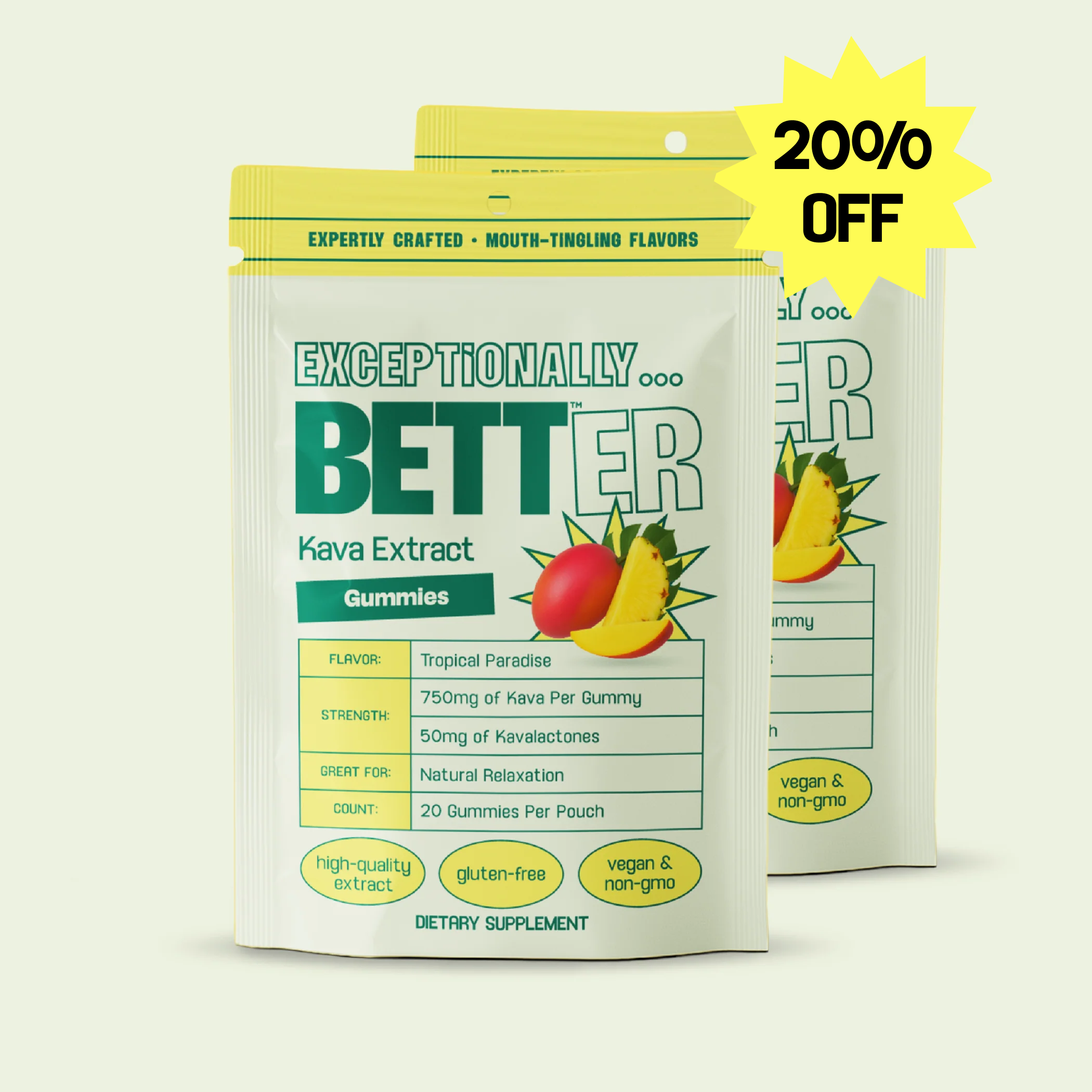 Front and back pouches of 'Exceptionally Better' Kava Extract Gummies, Tropical Paradise — gluten-free, vegan & non-gmo — 20% OFF