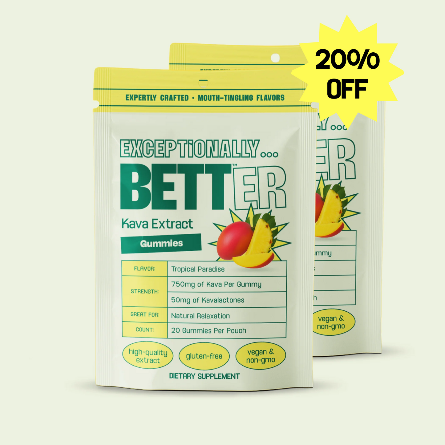 Front and back pouches of 'Exceptionally Better' Kava Extract Gummies, Tropical Paradise — gluten-free, vegan & non-gmo — 20% OFF